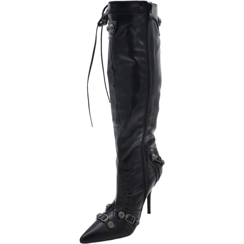 Malu Shoes Stivali donna nero pelle al ginocchio punta borchie argento schiacciate lacci zip laterale aderente tacco spillo 12
