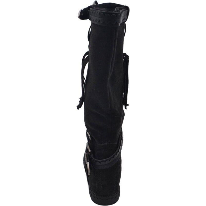 Malu Shoes Stivali donna indianini nero scamosciati con frange zeppa interna 5 cm cinturino fibbia altezza polpaccio moda ibiza