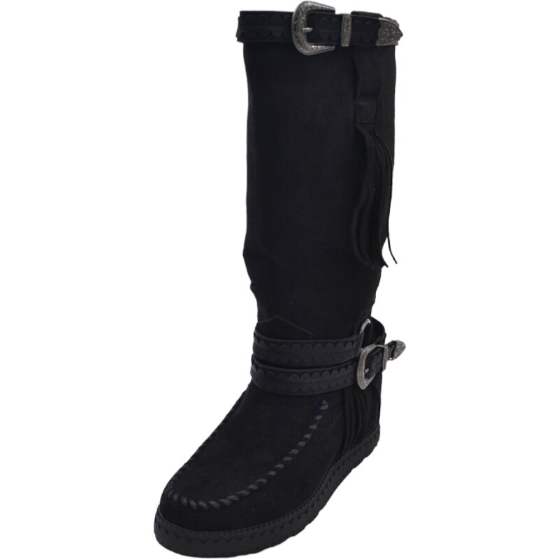 Malu Shoes Stivali donna indianini nero scamosciati con frange zeppa interna 5 cm cinturino fibbia altezza polpaccio moda ibiza