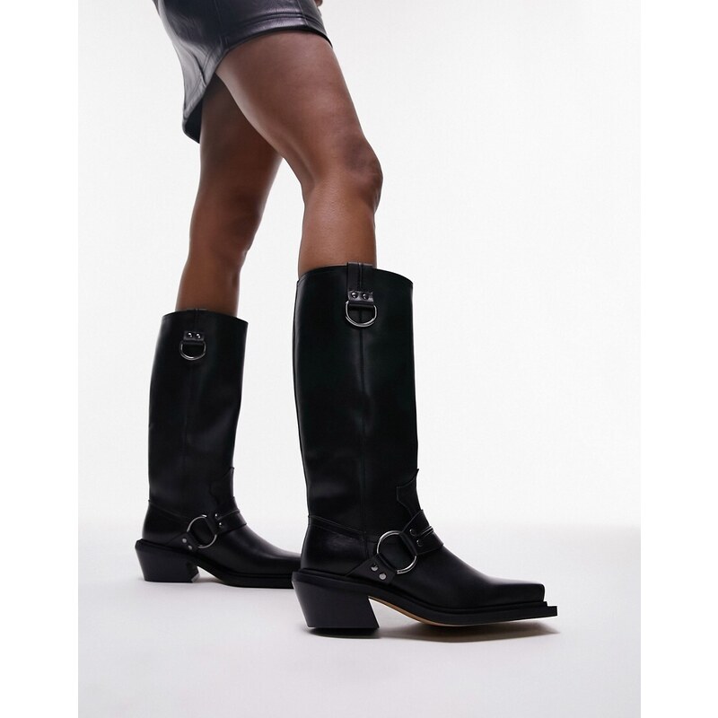 Topshop - Rain - Stivali al ginocchio stile western neri in pelle premium-Nero