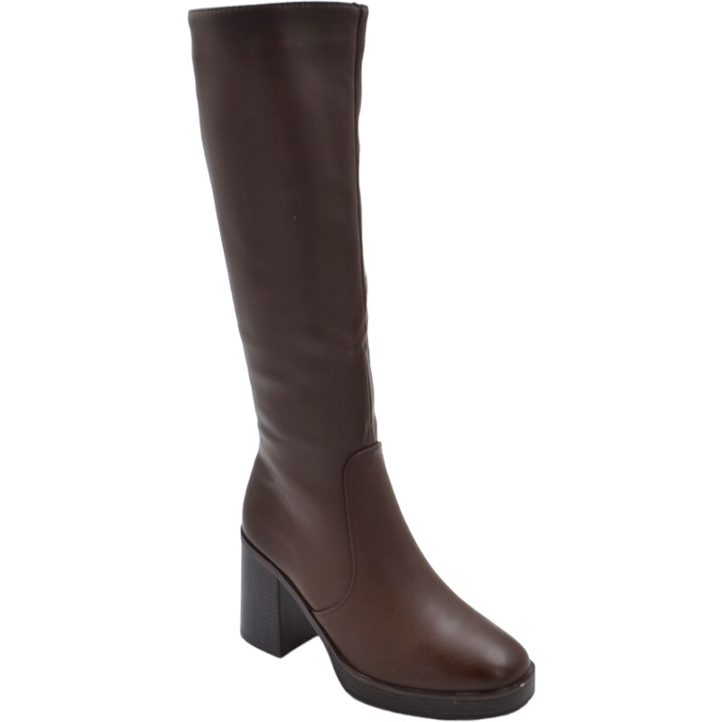 Malu Shoes Stivali donna alto marrone al ginocchio a punta quadrata aderenti con zip tacco legno doppio 8 cm plateau 2 cm moda