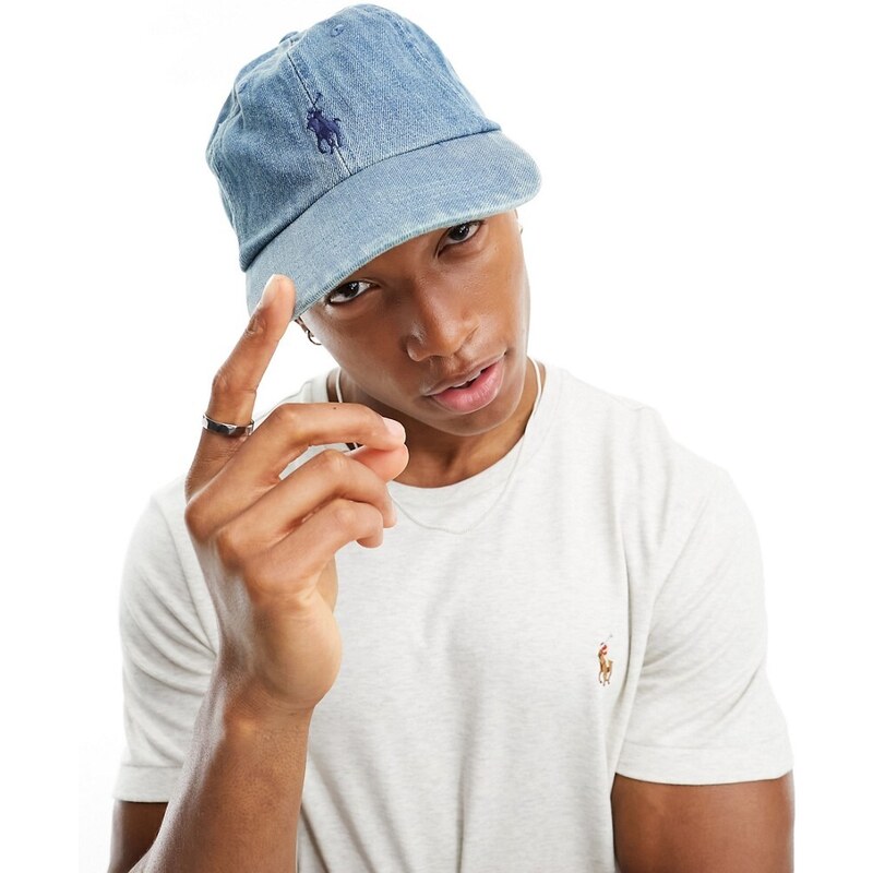Polo Ralph Lauren - Cappello con visiera in denim lavaggio chiaro con logo-Blu