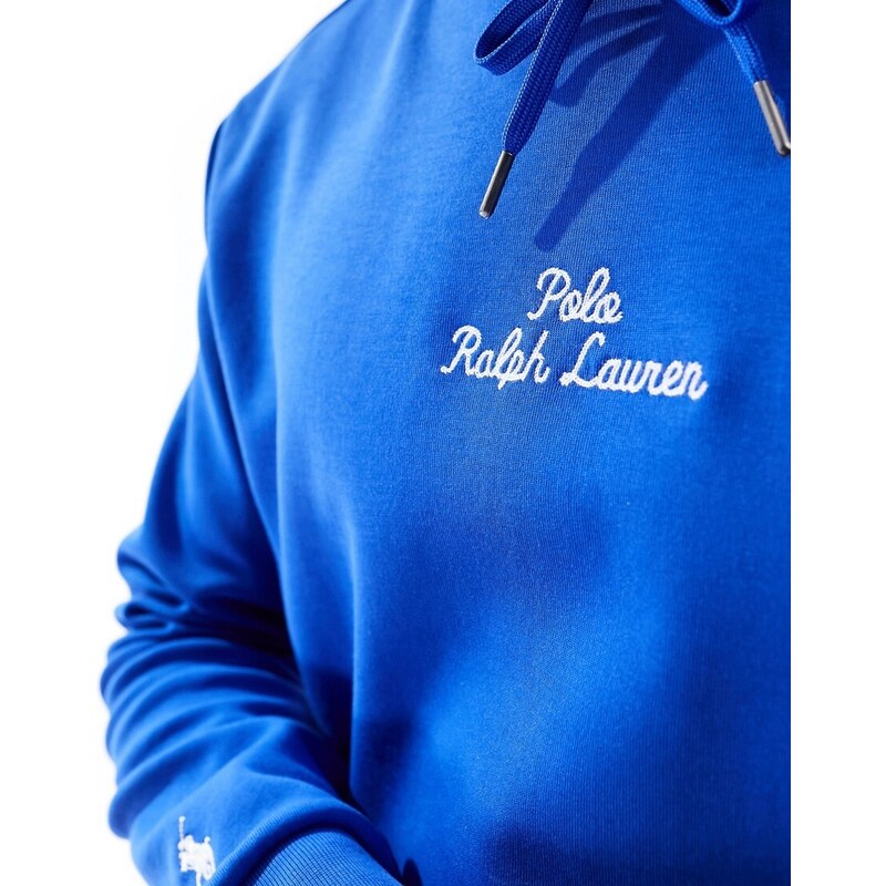 Polo Ralph Lauren - Felpa con cappuccio in maglia doppia blu medio con logo centrale