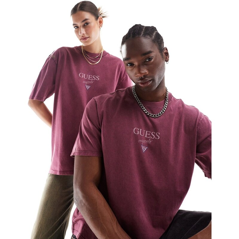Guess - Originals - T-shirt unisex bordeaux con logo stampato-Neutro