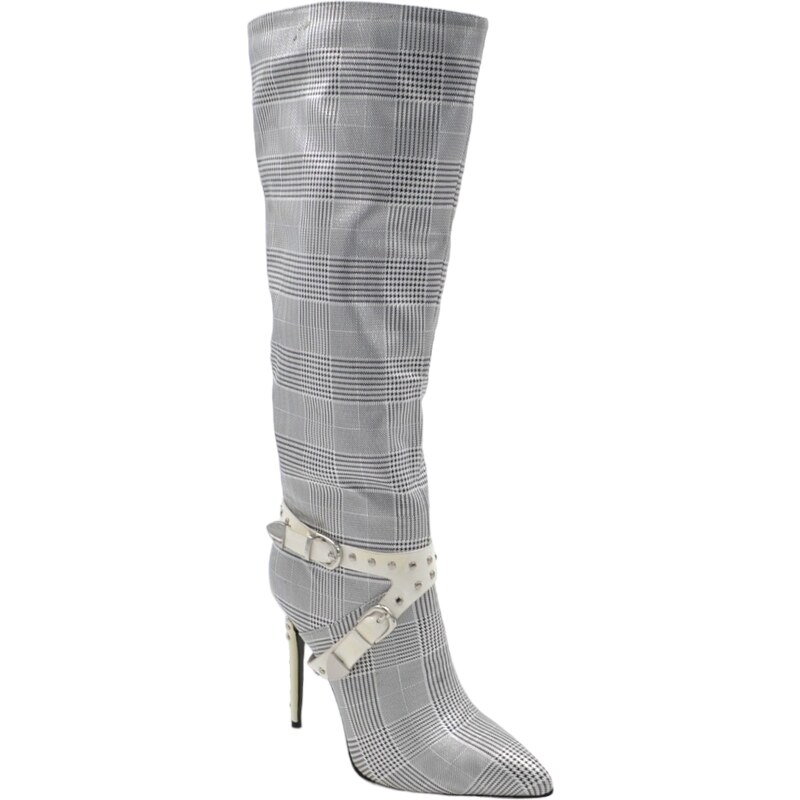 Malu Shoes Stivale alto donna grigio tessuto fantasia pied de poule laminato con tacco a spillo 12cm aderente zip e punta moda