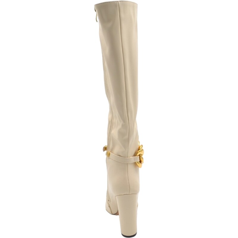 Malu Shoes Stivale donna alto morbido in pelle beige con tacco largo10 cm liscio con catena oro a punta moda altezza ginocchio