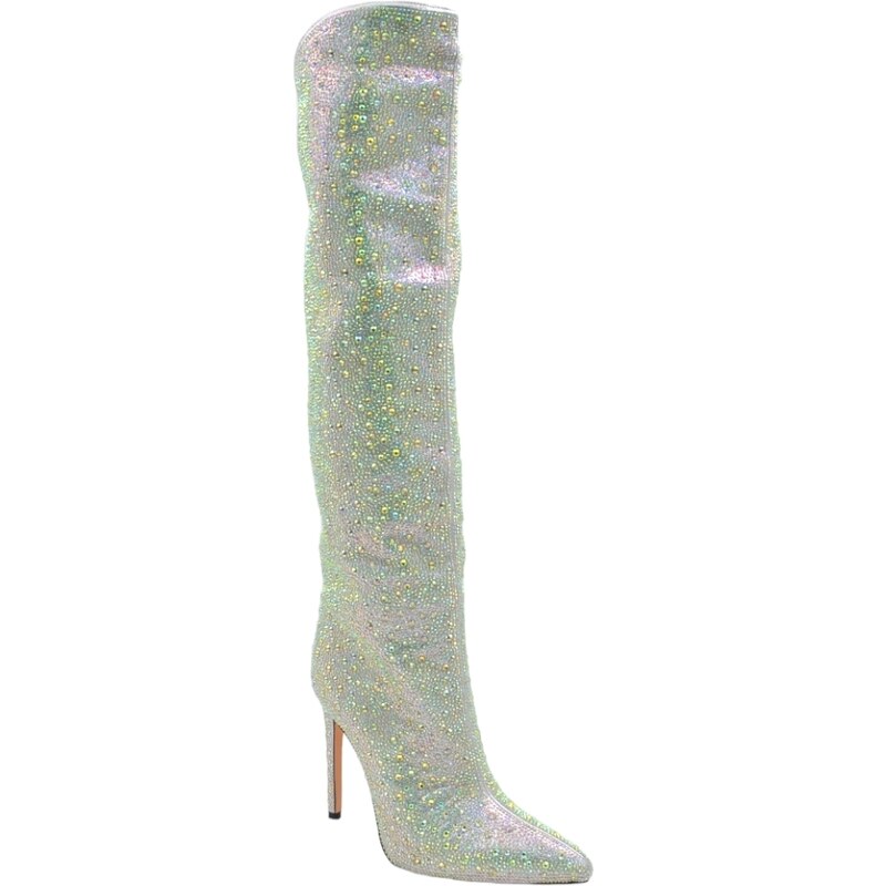 Malu Shoes Stivale alto argento donna ginocchio ricoperto di strass tacco a spillo 12 aderente con zip a punta moda asimmetrico