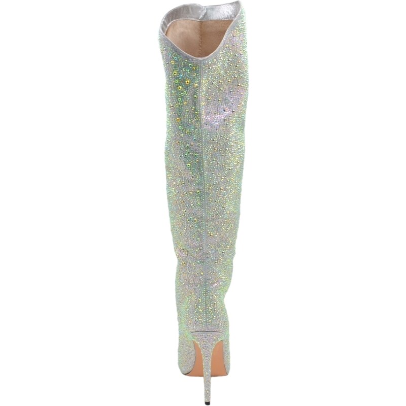 Malu Shoes Stivale alto argento donna ginocchio ricoperto di strass tacco a spillo 12 aderente con zip a punta moda asimmetrico