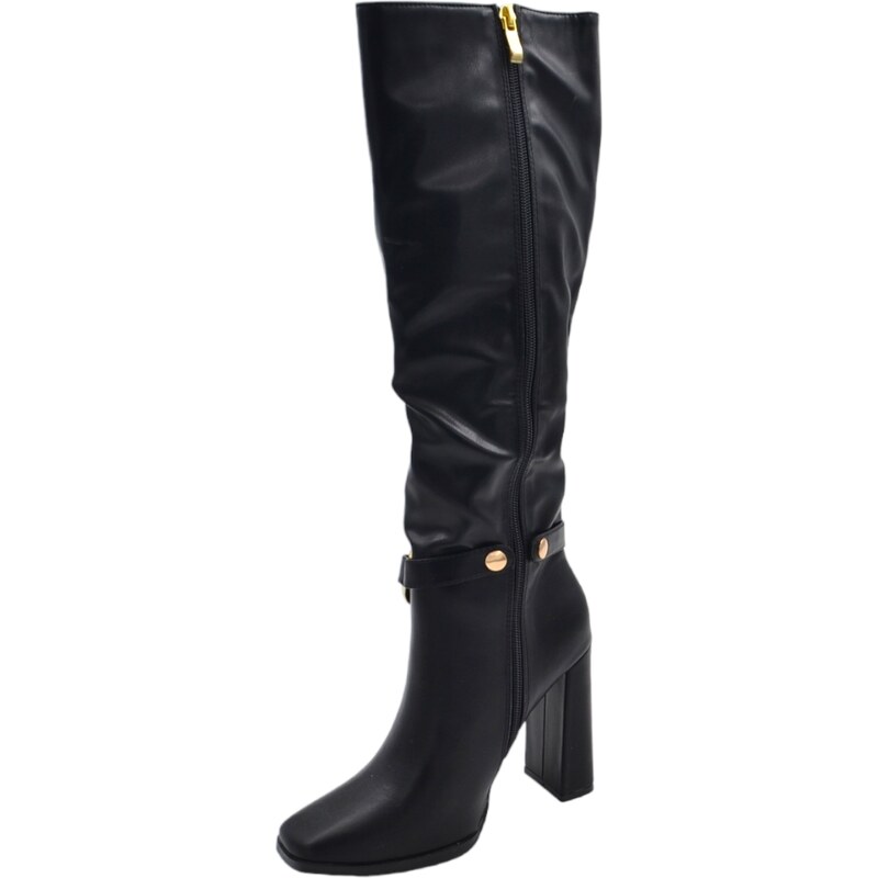 Malu Shoes Stivale donna alto morbido in pelle nera con tacco largo10 cm liscio con catena oro a punta quadrata altezza ginocchio