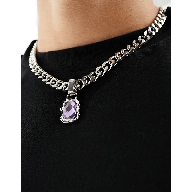 WFTW - Obscura - Collana argentata a catena con pendente viola-Argento