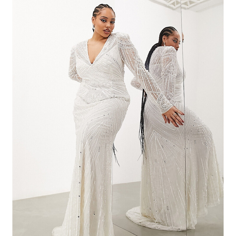 ASOS Curve ASOS DESIGN Curve - Millie - Vestito da sposa a maniche lunghe color avorio con lavorazione vintage in paillettes e perline-Bianco
