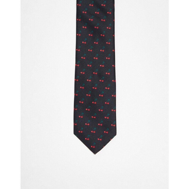 ASOS DESIGN - Cravatta standard nera con stampa di ciliegie-Nero