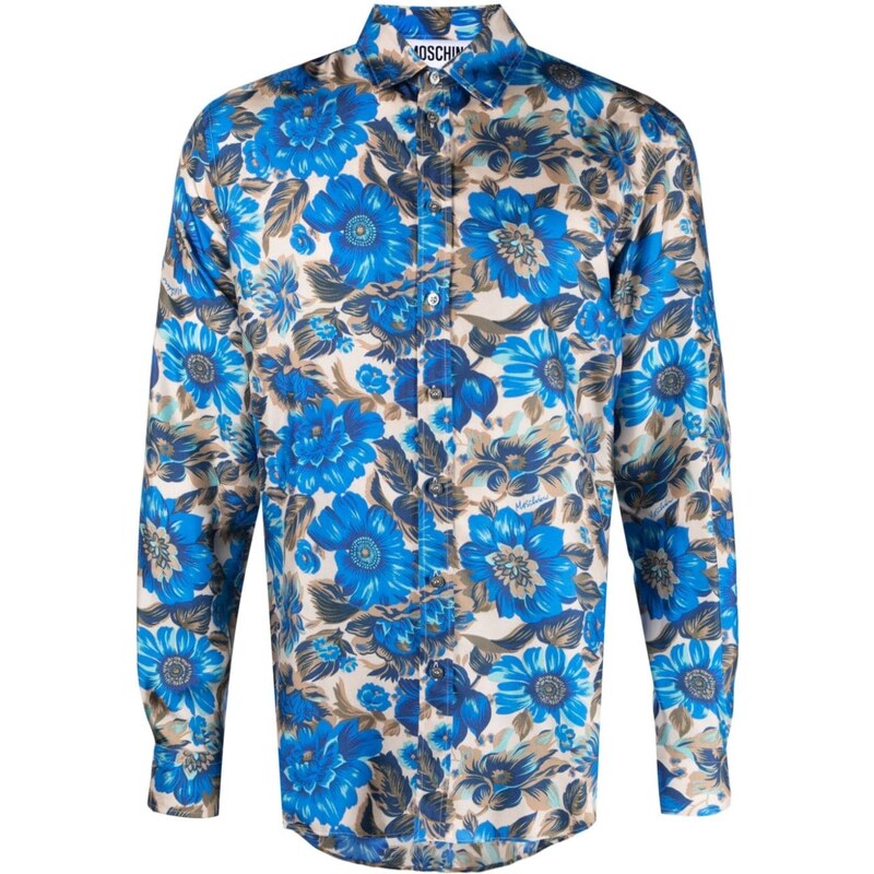 MOSCHINO Camicia blu stampa floreale in seta