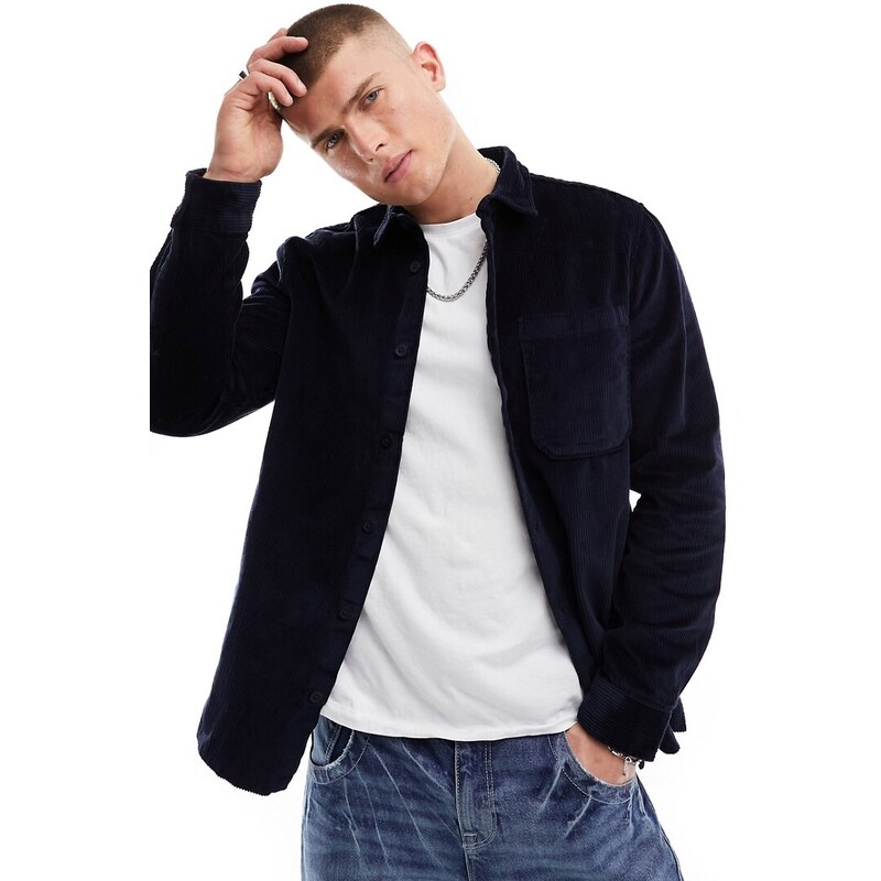 PJ PAUL JONES Camicia Uomo In Velluto A Coste Waffle, Maniche Lunghe, Tasche Con Patta, Vestibilità Rilassata, Colore Classico, Per Ufficio E Cerimonie