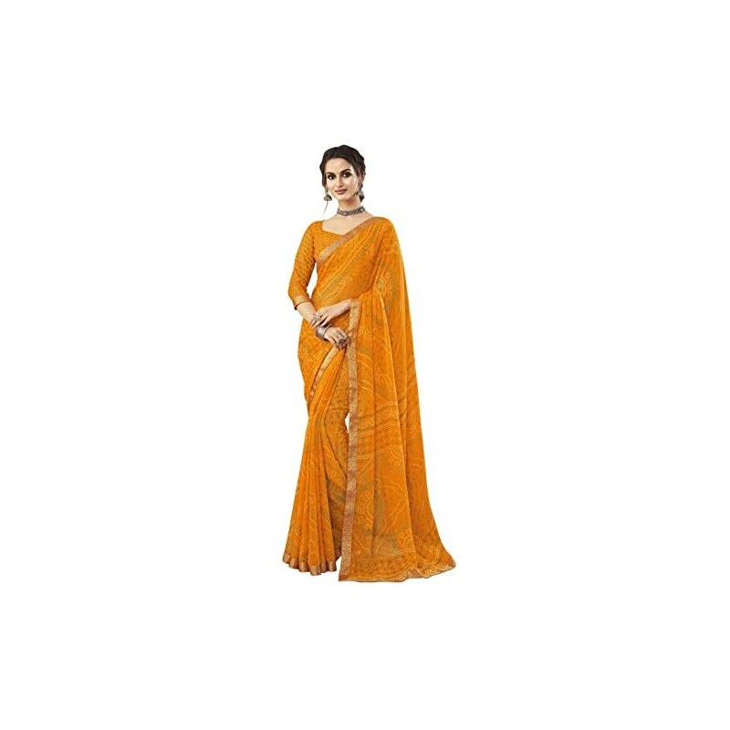 SIRIL Bandhani - Sari da donna in chiffon stampato e pizzo con camicetta, Curcuma Giallo