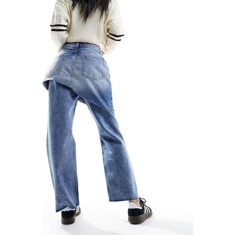 Miss Selfridge - Jeans dritti con minigonna di jeans sovrapposta-Blu