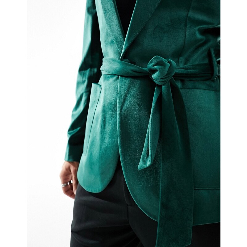 ASOS DESIGN - Giacca super skinny stile smoking in velluto verde scuro con cintura