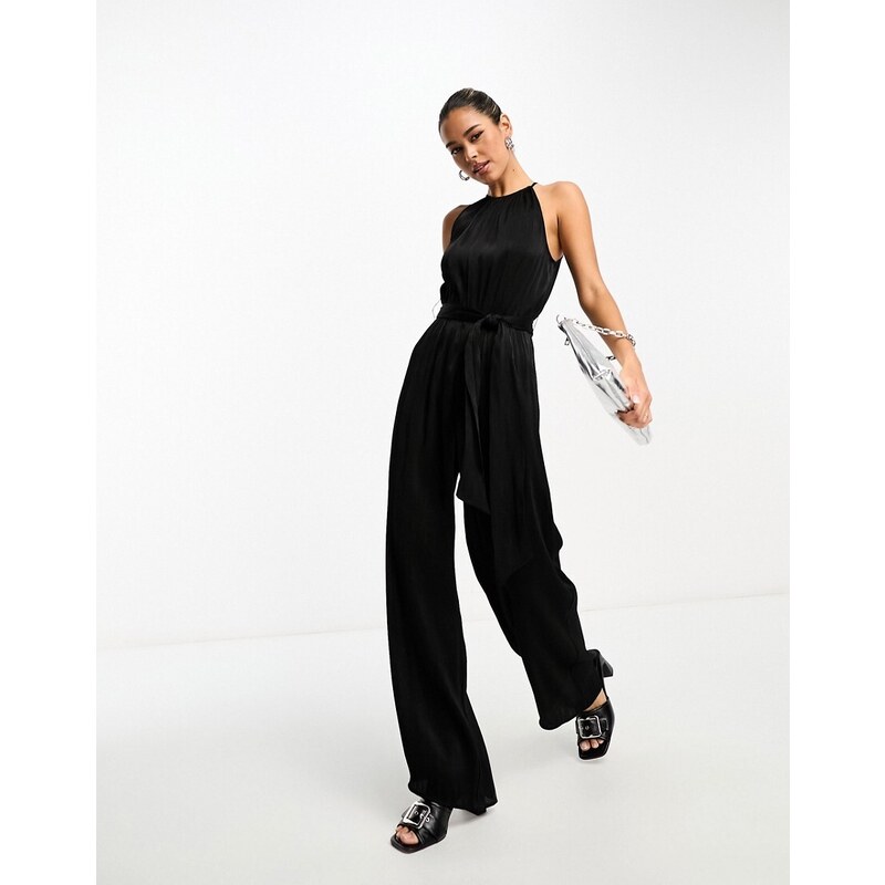 & Other Stories - Tuta jumpsuit con fondo ampio senza maniche con allacciatura in vita in tessuto lucido stropicciato nero