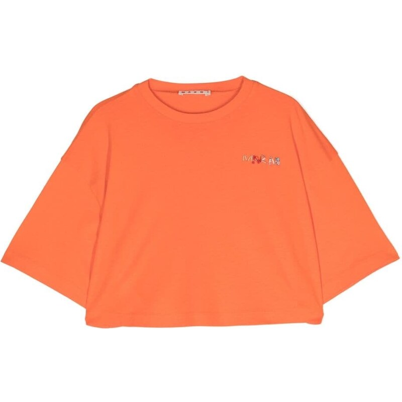 MARNI KIDS T-shirt cropped arancione logo perline