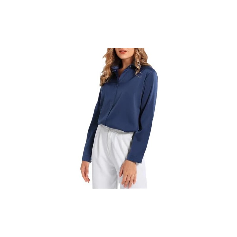 Camicia Donna Cotone Bianca – Scollo A V, Colletto Risvoltato, Manica Lunga – Blusa Casual Tinta Unita - Foto 5