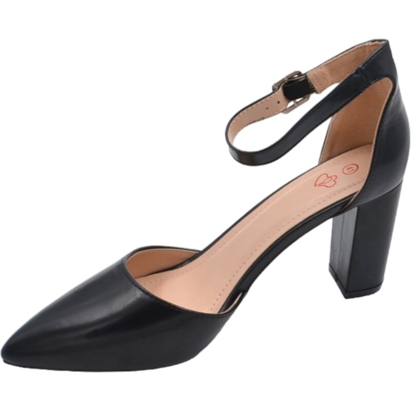 Malu Shoes Scarpa decollete' donna a punta maryjane nero con tacco largo 8cm e cinturino alla caviglia stabile comodo