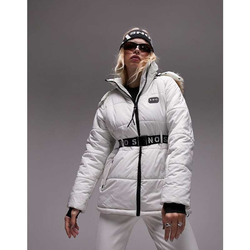 Topshop - Sno - Cappotto da sci écru con cintura e cappuccio con finiture in pelliccia sintetica-Bianco