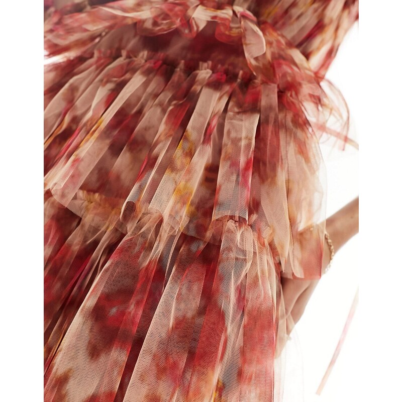 Lace & Beads - Vestito corto in tulle con maniche trasparenti e stampa di rose-Multicolore