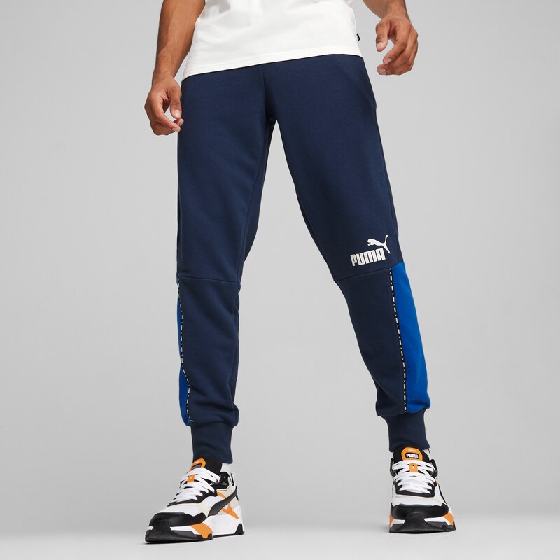 Pantaloni joggers blu da uomo con dettagli bianchi Puma Essential Block x Tape