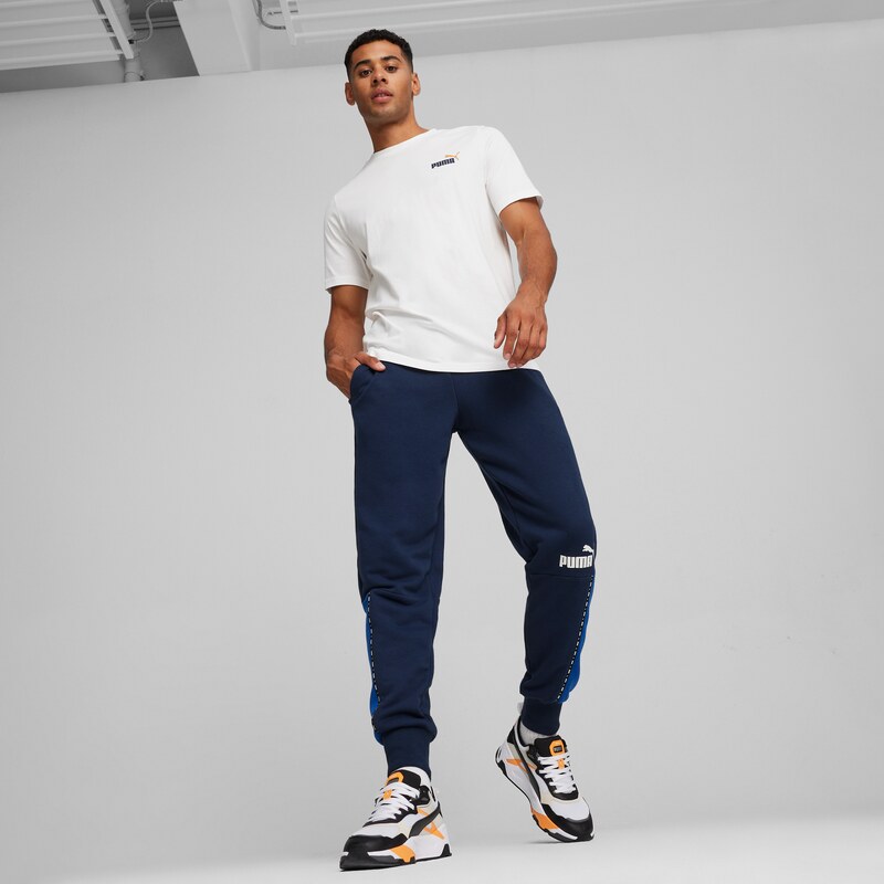 Pantaloni joggers blu da uomo con dettagli bianchi Puma Essential Block x Tape