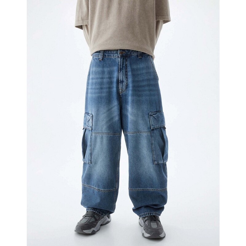 Pull&Bear - Pantaloni cargo skater in denim blu slavato