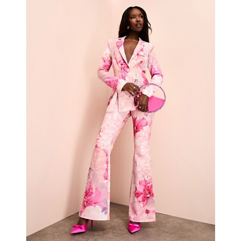 ASOS LUXE - Blazer da abito rosa con stampa floreale in coordinato-Multicolore