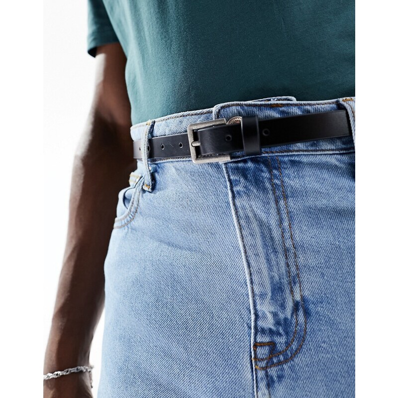 ASOS DESIGN - Cintura skinny elegante in pelle nera con fibbia argentata-Nero