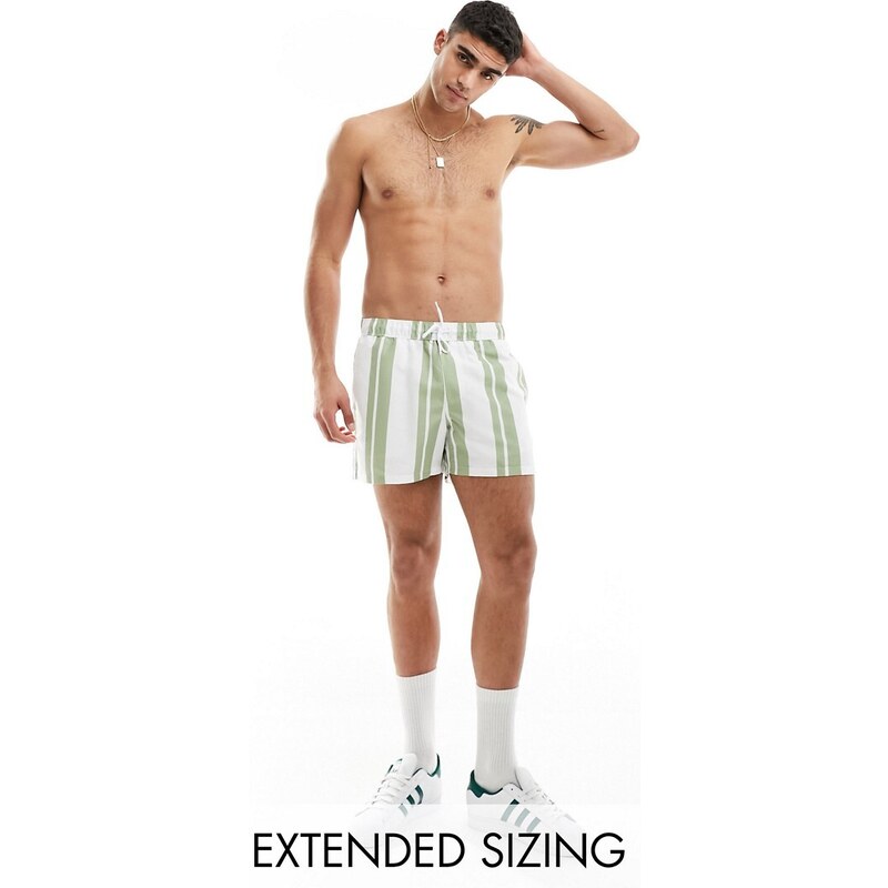 ASOS DESIGN - Pantaloncini da bagno a righe verde salvia taglio corto-Bianco