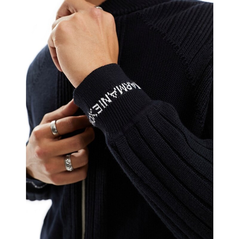 Armani Exchange - Cardigan lavorato in lana merino blu navy con zip e logo sui polsini