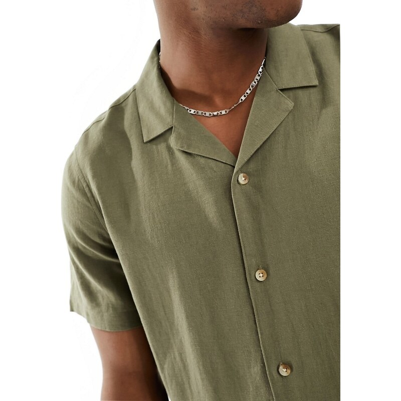 New Look - Camicia a maniche corte in misto lino kaki scuro-Verde