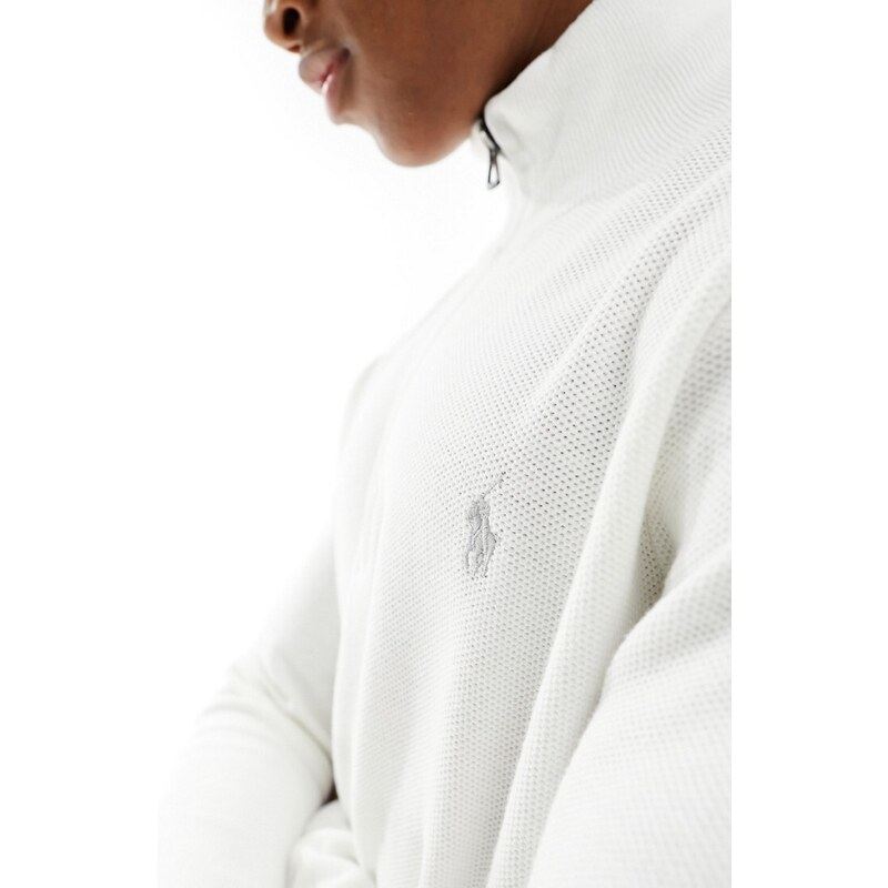 Polo Ralph Lauren - Maglione bianco sporco in cotone con zip corta e logo
