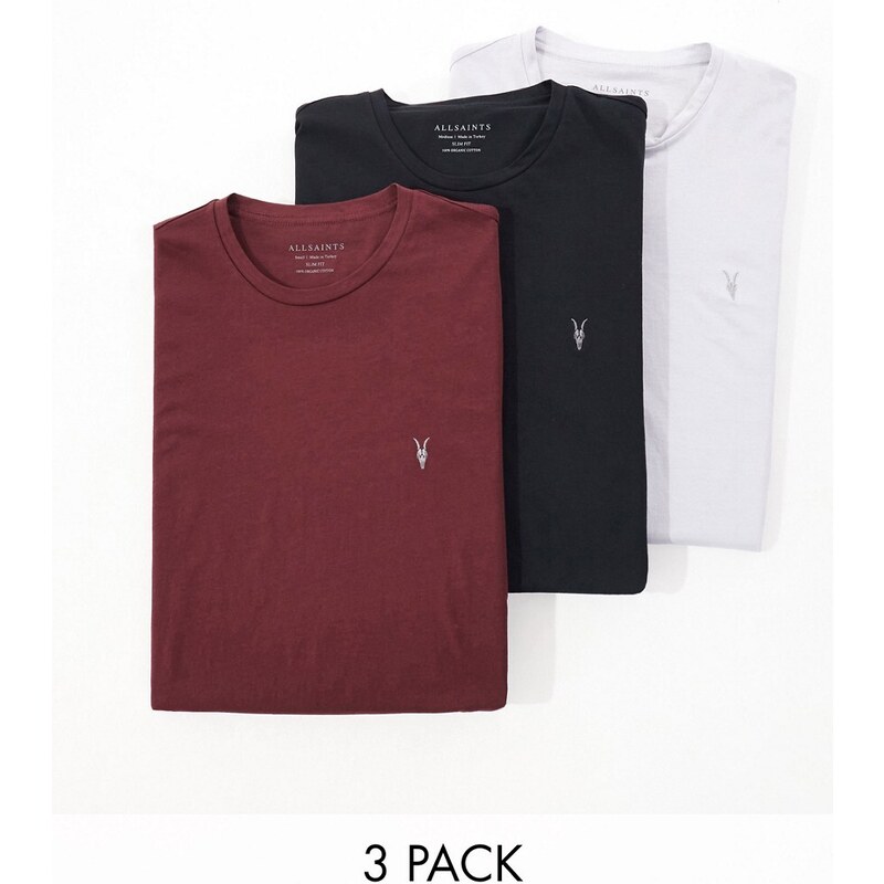 AllSaints - Tonic - Confezione da 3 T-shirt rossa, grigia e nera-Multicolore