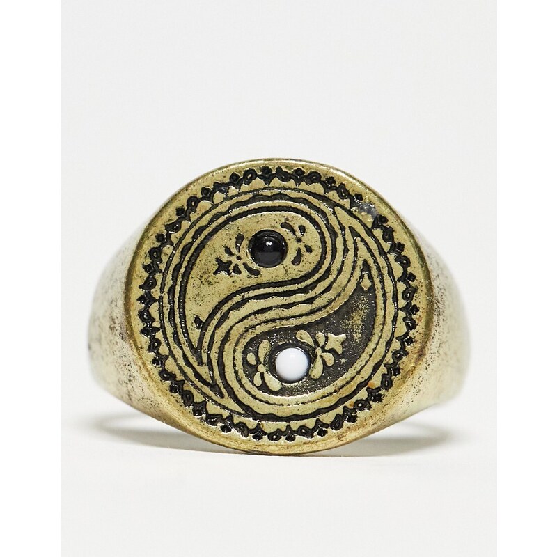 Classics - 77 - Anello dorato a sigillo con simbolo Yin-Yang e motivo cachemire-Oro