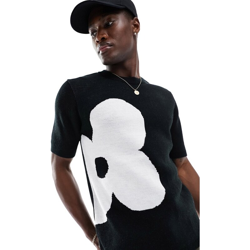 ASOS DESIGN - T-shirt in maglia nera con fiore bianco-Nero