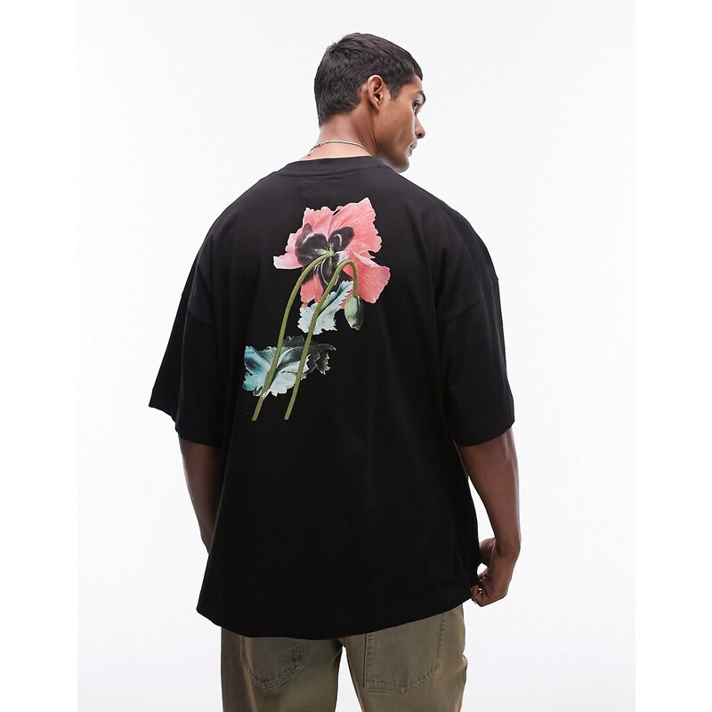 Topman - T-shirt super oversize premium nera con papaveri ricamati-Nero