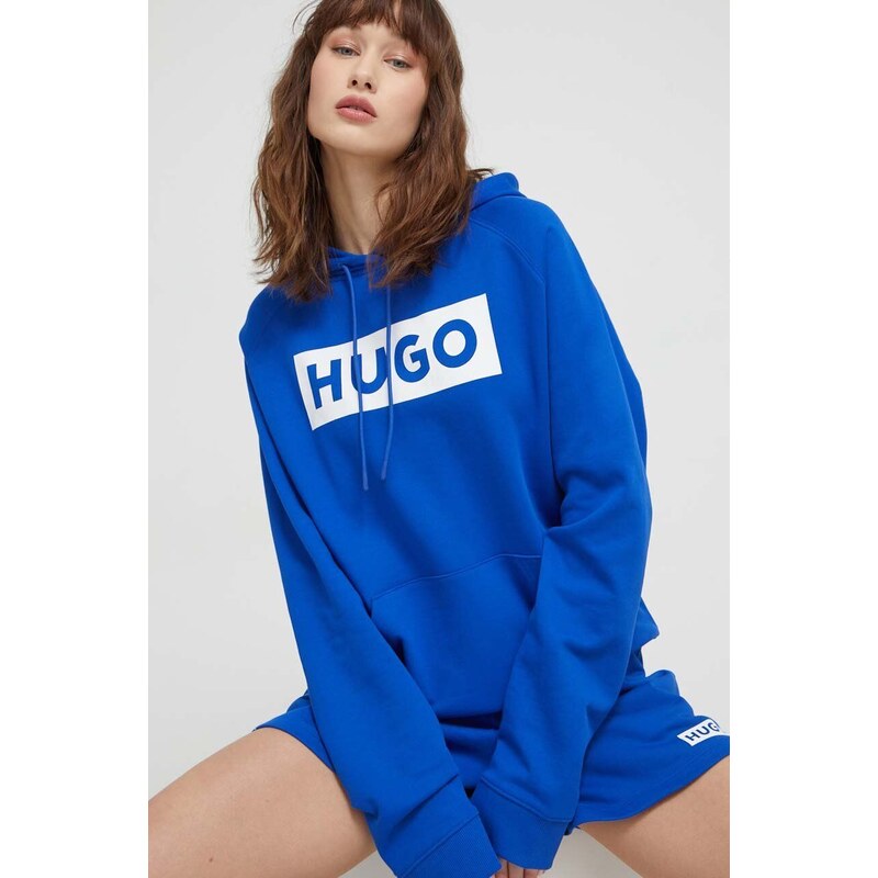 Hugo Blue felpa in cotone donna colore blu con cappuccio