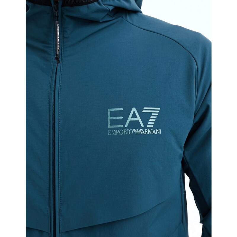 Armani - EA7 - Giacca a vento con cappuccio in nylon blu medio con logo in coordinato