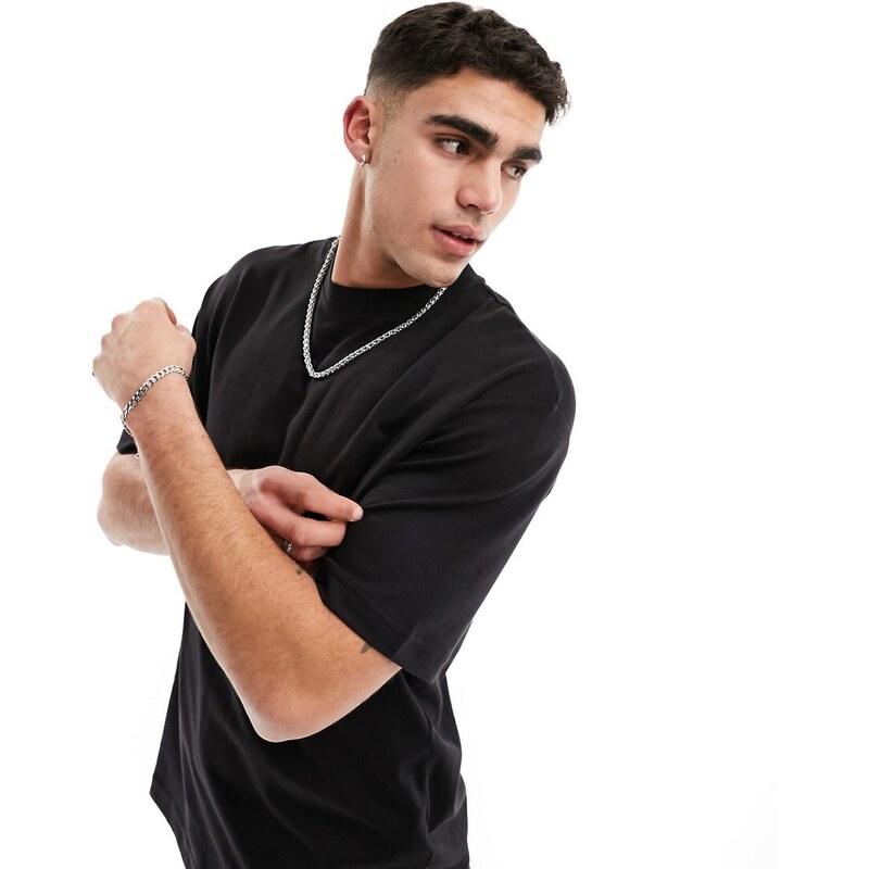 Selected Homme - T-shirt oversize squadrata nera-Nero