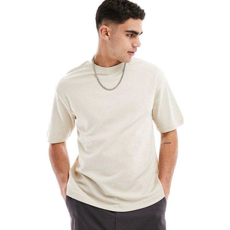 Selected Homme - T-shirt oversize squadrata beige-Neutro