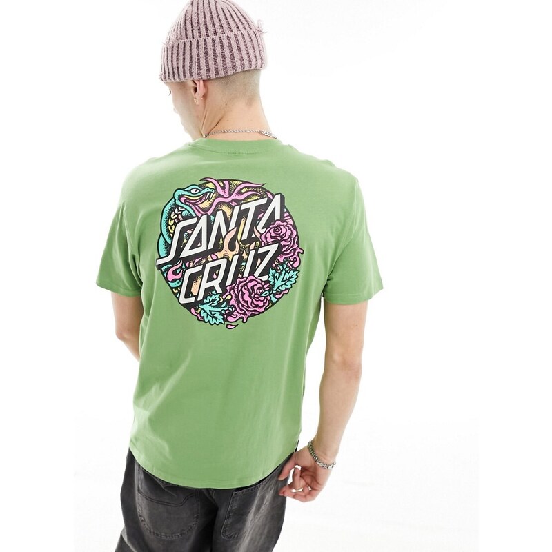 Santa Cruz - T-shirt verde con stampa di rose sulla schiena