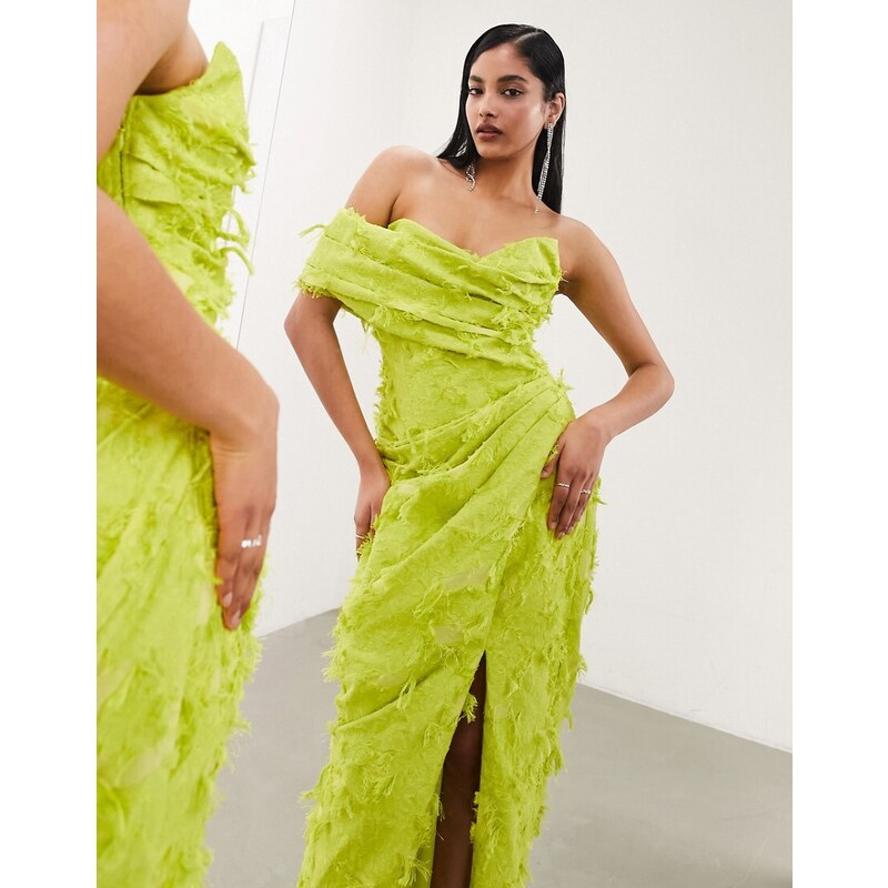 ASOS EDITION - Vestito strutturato testurizzato color lime stile corsetto con gonna al polpaccio e dettaglio ripiegato-Verde