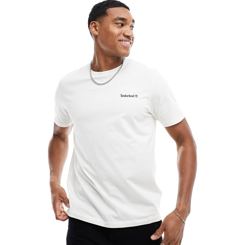 Timberland - T-shirt bianco sporco con scritta piccola del logo