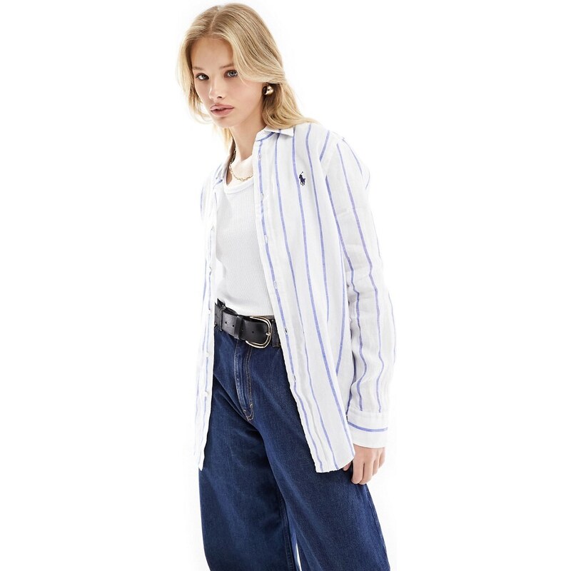 Polo Ralph Lauren - Camicia in lino bianca e blu a righe con logo-Bianco