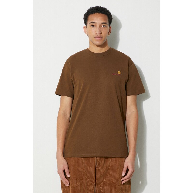 Carhartt WIP t-shirt in cotone S/S American Script T-Shirt uomo colore marrone con applicazione I029956.1ZDXX