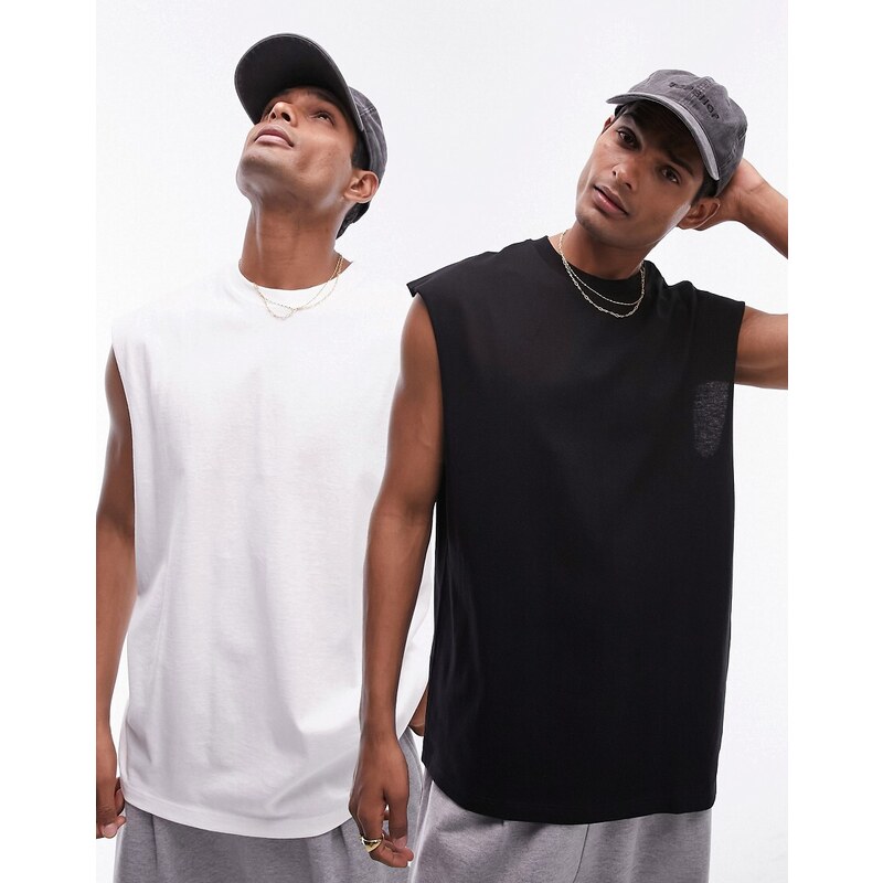 Topman - Confezione da 2 T-shirt oversize senza maniche color bianco e nero-Multicolore